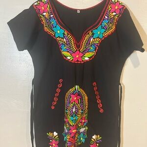 Black Embroidered V-Neck Women’s Top with Multicolor Floral Detail